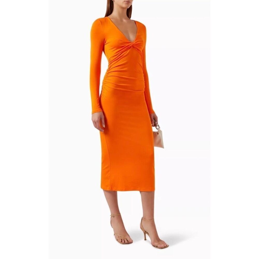 NWT Ganni Jersey Vibrant Orange Twist Front Ruched Midi Dress Small Wedding 36